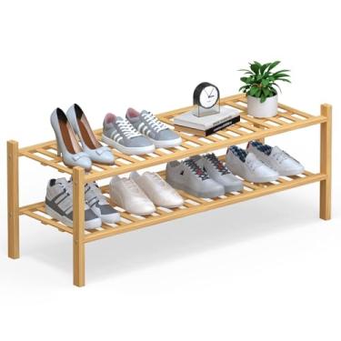 Imagem de Haddockway Organizador de sapatos de bambu longo de 2 níveis, prateleira empilhável multifuncional com painel de grade para armário, corredor, entrada, espaço pequeno 86,9 x 28 x 33 cm (natural, 2