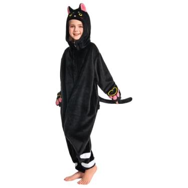 Imagem de OLAOLA Macacão infantil de gato preto, macacão de animal unissex, pijama de cosplay de pelúcia para meninas e meninos, roupa de dormir de uma peça fantasia de Halloween