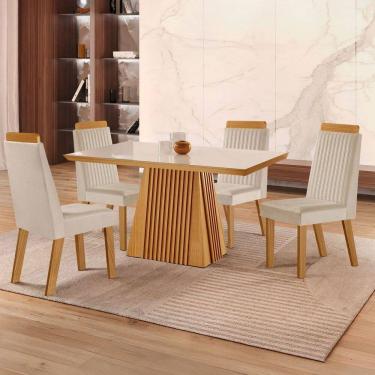 Imagem de Mesa de Jantar 4 Lugares áustria Ripado com Vidro Castanho/Cinamomo/Suede Creme - Lj Móveis