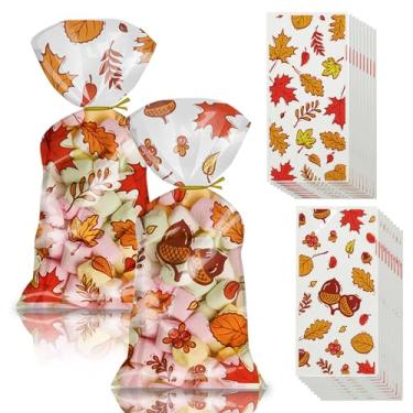 Imagem de Heyiminy 50 unidades de sacos de guloseimas de celofane de outono de Ação de Graças, sacos de guloseimas de abóbora com folhas de bordo de outono, bolsa de presente de plástico transparente com laços