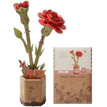 Imagem de Wowood Quebra-cabeças de madeira de flores 3D para adultos - cravo vermelho, kit de modelos de flores de madeira faça você mesmo para construir, coleção botânica/ideias criativas ideais para presentes