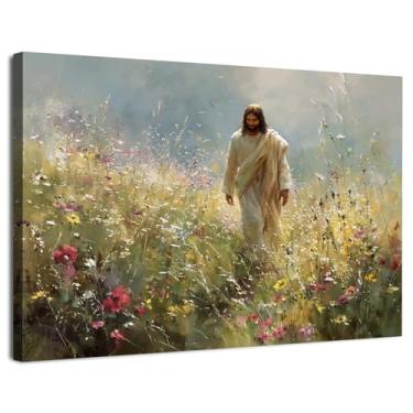 Imagem de Arte de parede de Jesus floral cristã decoração de parede flores abstratas imagem de paisagem para sala de estar impressão em tela religiosa pôsteres rústico Jesus Bíblia arte para quarto, escritório
