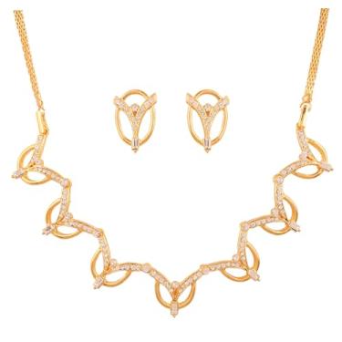 Imagem de Touchstone Conjunto de colar de strass branco e trabalho em ziguezague indiano de Hollywood dourado