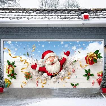 Imagem de Faixa de porta de garagem Feliz Natal 1,8 x 3,5 m, Natal, Papai Noel, boneco de neve, alce, aurora, decorações de Natal 180 x 398 cm, decoração de capa de porta de garagem para festa de Natal (07)