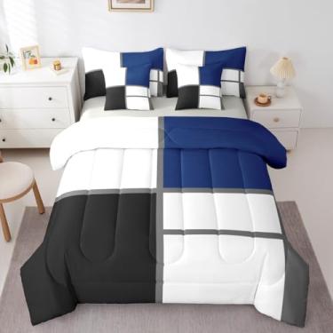 Imagem de Erosebridal Conjunto de cama geométrico, abstrato, 7 peças, listrado, azul e branco, para adultos, mulheres, homens, geométrico, quadriculado, arte moderna, patchwork, edredom minimalista