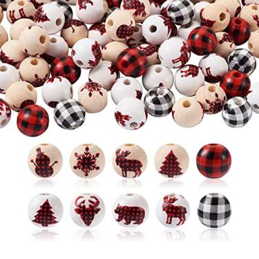 Imagem de Spritewelry 100 peças de contas de madeira de Natal de fazenda coloridas polidas contas redondas contas xadrez para decoração de festa em casa faça você mesmo artesanato