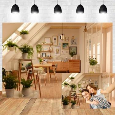 Imagem de Pano de fundo moderno para sala de estar, 2,4 x 1,8 m, plantas verdes, piso de madeira, para fotografia, interior, sala de vídeo, conferência de móveis, apartamentos, residenciais, decoração de