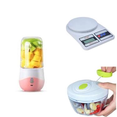 Imagem de Kit Mini Liquidificador Shake Portátil + Balança Digital de Alimentos + Mini Triturador Manual