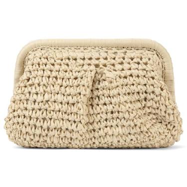 Imagem de RNIEGA Bolsas clutch de palha para mulheres, bolsa de bolinho de massa, bolsa transversal de palha, bolsas de ombro de tecido de praia de verão, Bege