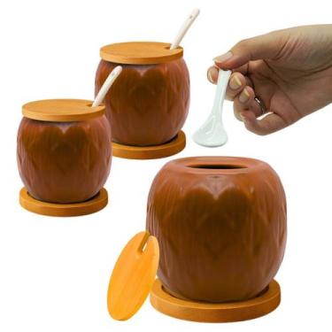 Imagem de Kit 2 Açucareiro Saleiro De Cerâmica Com Tampa De Bambu E Colher 350ml