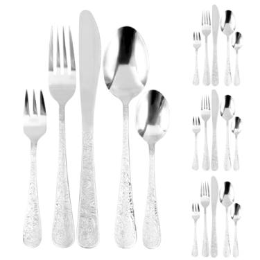Imagem de Conjunto de talheres estilosos, conjunto de talheres de aço inoxidável polido espelhado, incluindo garfo, colher e cortador para sala de jantar, evento diário (prata, 20 peças)