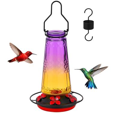 Imagem de RIMICAB Alimentador de beija-flor para pendurar ao ar livre, alimentador de néctar de vidro com fosso de formiga e 5 portas de alimentação de proteção de abelhas, à prova de vazamento, 600 ml