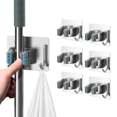 Imagem de homeasy Suporte de vassoura de esfregão sem broca, organizador de vassoura de esfregão montado na parede, resistente, com ganchos, 6 peças de aço inoxidável autoadesivo para banheiro, cozinha