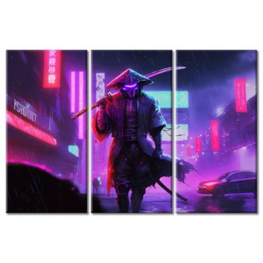 Imagem de Rebotipy 3 peças Cyberpunk Samurai Wall Art Building in Cyberpunk City Wall Decor Samurai Canvas Prints Pictures Moderna Sala de Estar Quarto Escritório Decoração de Casa Arte (107 cm L L x 71 A)