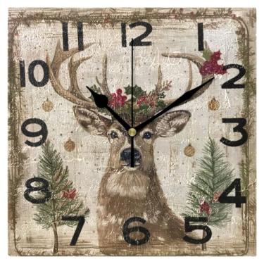 Imagem de Peystean Relógio de parede quadrado de 20 cm, árvore de Natal retrô e veado, sem tique-taque, operado por bateria, analógico, silencioso, relógio de mesa para casa, cozinha, escritório, escola