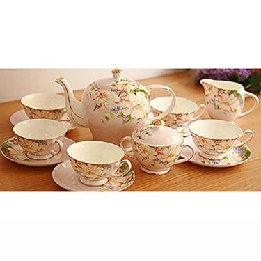 Imagem de Conjuntos de chá de porcelana Bone China xícaras de café vintage e de 6, com bule de chá, açucareiro, para casamento e casa, rosa (azul) (rosa) (rosa)
