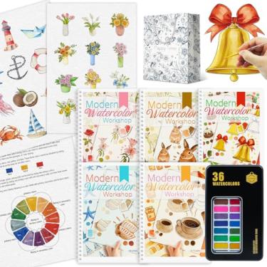 Imagem de 5 peças, livro de colorir em aquarela para iniciantes com 36 cores, cor de tinta com pincel, papel aquarela, kit de pintura em aquarela - outono, animais, flor, beira-mar e Natal