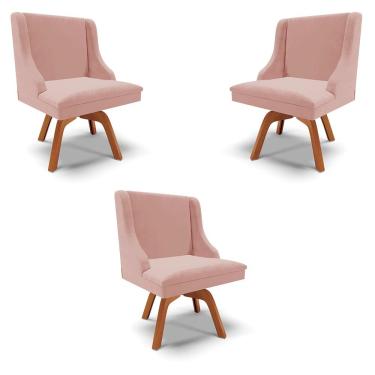 Imagem de Kit 3 Cadeiras Decorativas Sala de Jantar Base Giratória de Madeira Firenze Veludo Rosê/Natural G19 - Gran Belo