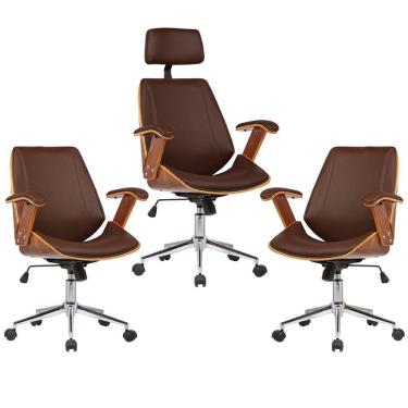 Imagem de Kit 03 Cadeiras de Escritório Presidente e Diretor Giratória com Regulagem de Altura Akon PU Sintético Marrom - Gran Belo