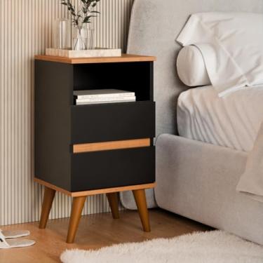 Imagem de Mesa de Cabeceira com 2 Gavetas e Nicho Compacta para Quarto Moderno e Organização(Preto/freijo)