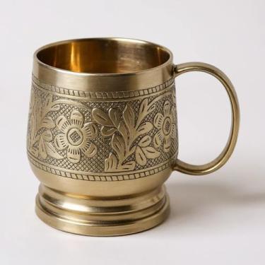 Imagem de Conjunto de utensílios de cozinha de latão puro feito à mão, caixa tradicional Masala, copo, prato, chaleira, vidro, coleção de decoração de casa, decoração de casa resistente (copo pequeno)