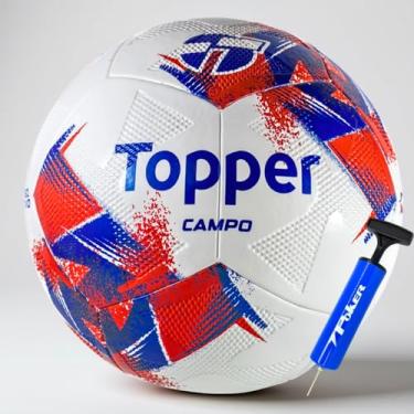 Imagem de Kit Bola Topper Futebol Campo Tamanho 5 Padrão Oficial Profissional Leve Macia Resistente Grama Natural Gramado Jogo Treino Competição + Bomba de Ar Encher Calibrar Compacta Dupla (Bomba Azul)