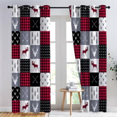 Imagem de Ansouyi Cortinas de janela para decoração de casa, flechas de alce, cabeça de veado e árvores, conjunto leve xadrez de búfalo com ilhós, cortinas blackout para quarto, sala de estar ou sala de jantar