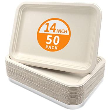 Imagem de Celel Pacote com 50 bandejas descartáveis de 35,5 cm para servir alimentos, pratos naturais compostáveis, placas de lagre extra resistentes para biscoitos, lagostas e carnes de churrasco
