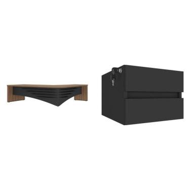 Imagem de Mesa para Escritório em L Diretor em Tamburato com 2 Gavetas com Chave Nogal/Preto
