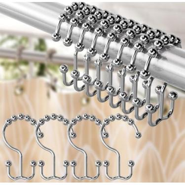 Imagem de Conjunto de 12 ganchos de cortina de chuveiro, ganchos de cortina de chuveiro deslizantes duplos de metal resistente à ferrugem para varões de chuveiro de banheiro, bolas de rolo lisas, cromadas