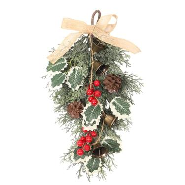 Imagem de Bohany Guirlanda Artificial De Natal | Pinhas E Bagas Vermelhas Decorações De Inverno Festivas,Grinalda De Lágrima Com Sino | Para Casa Escadaria Parede Janela Festa Feriado Inverno Sazonal Exterior