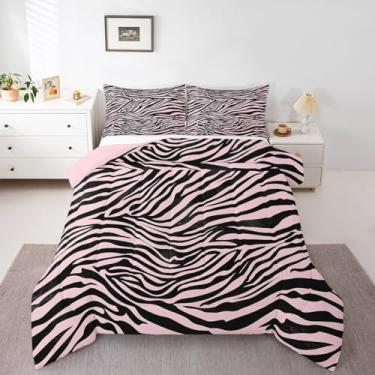 Imagem de Feelyou Conjunto de cama casal de zebra, estampa animal, para crianças, meninos, meninas, preto e rosa, conjunto de edredom de microfibra e leopardo, conjunto de colcha