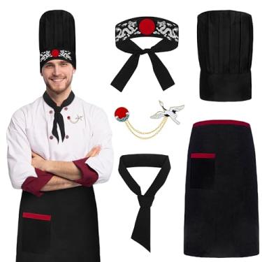 Imagem de Ueyben Acessórios de fantasia de chef Hibachi, chapéu e avental de chef Hibachi, fantasia de chef de sushi para homens e mulheres para festa de churrasco Hachimaki, Dia das Bruxas
