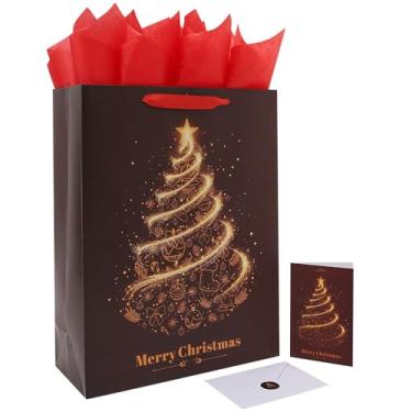 Imagem de Conjunto extra grande de 40 cm para presente de Natal com alças, cartão comemorativo, papel de seda vermelho e adesivos para presentes, decorações, aniversário, festas de Natal, feliz ano novo, design