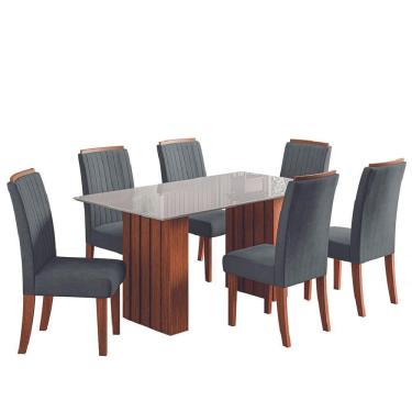 Imagem de Conjunto De Mesa Sala De Jantar Ripada Tampo Com Vidro Santiago 1,60m 6 Cadeiras Grécia Dobuê Madeirado/grafite