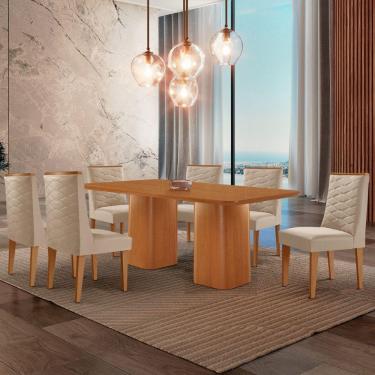 Imagem de Mesa De Jantar Eloise 180cm Tampo Mdf 6 Cadeiras Moderna Veludo Creme/naturale