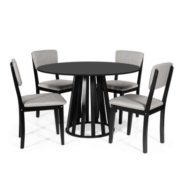 Imagem de Mesa De Jantar Redonda Gabi Preta Com 4 Cadeiras Estofadas Ella Preto/cinza Claro