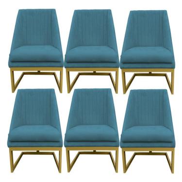 Imagem de Kit 06 Cadeiras Para Sala De Jantar Ana Base De Ferro Suede Azul Tiffany D'classe Decor