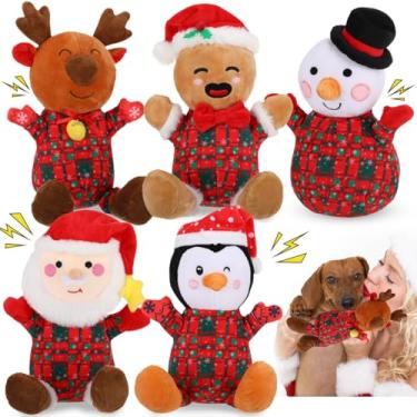 Imagem de Vinsot Pacote com 5 brinquedos de Natal para cães de pelúcia para cães pequenos, médios e grandes, boneco de neve, boneco de neve, pinguim, homem de gengibre, para mastigadores agressivos (macio