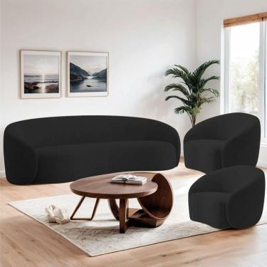 Imagem de Kit Sofá 3 Lugares 180cm E Poltrona Orgânica Luxo Recepção Amore Linho - Amarena Móveis Cor Preto
