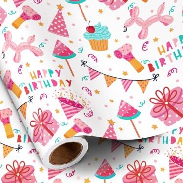 Imagem de RUSPEPA Rolo de papel de embrulho de aniversário para meninas, mini rolo, cachorro balão rosa, caixa de presente e chapéu de festa, embalagem de presente com texto de feliz aniversário para