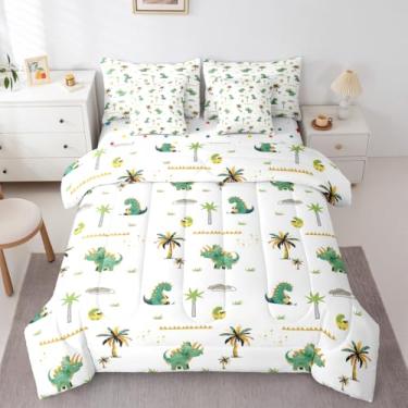 Imagem de Feelyou Jogo de edredom fofo de dinossauro com 7 peças, solteiro, desenho animado, dinossauro, para crianças, meninos, meninas, selva, dinossauro, decoração de quarto, microfibra leve e macia