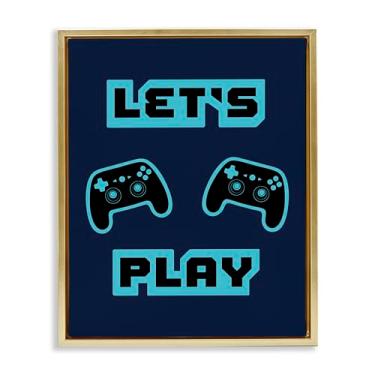 Imagem de Stupell Industries Let's Play Arte de parede em tela flutuante azul retrô Gamer com moldura dourada, design de Marcus Prime, 78 x 63 cm
