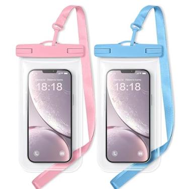 Imagem de Bolsa de telefone à prova d'água compatível com iPhone 16/15 Pro Max e Galaxy S24+/S23 7 polegadas capa de telefone à prova d'água com cordão, IPX8 itens essenciais para viagem na praia, rosa e azul