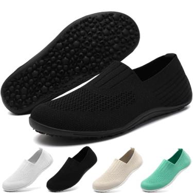 Imagem de YOSFDC Sapatos descalços femininos sem cadarço, tênis de caminhada, corrida, zero queda, minimalista, moderno, bico largo, casual, confortável, verão, mocassim feminino, Preto, 37
