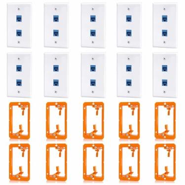 Imagem de ANONION Pacote com 10 placas de parede Ethernet Cat6, conector Keystone RJ45 de 2 portas com suporte de montagem de baixa tensão, tomada de parede Ethernet, acoplador azul, capa de cabo de rede fêmea