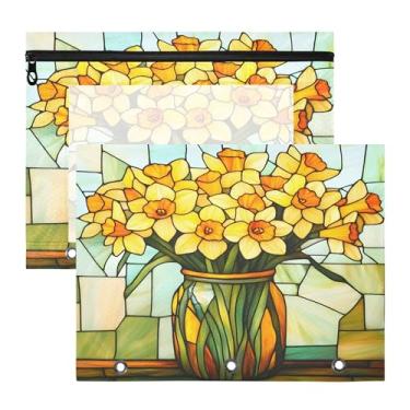 Imagem de SEHANY Pasta de lápis de flores de jardim com 3 anéis - bolsa de documentos com zíper tamanho A4 com janela transparente para sala de aula, escritório, 2 peças