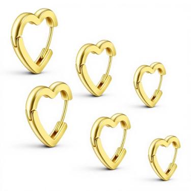 Imagem de Mabor 3 pares de brincos de argola de coração dourado, pequenos brincos de argola de aço inoxidável em forma de coração para mulheres e homens, cartilagem 12, 14, 16 mm