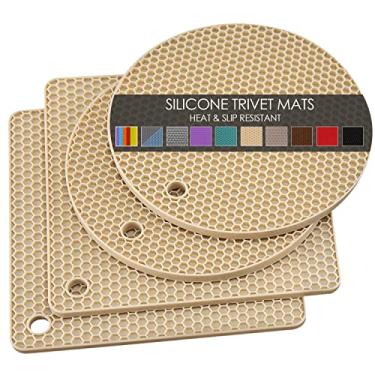 Imagem de Pacote com 4 suportes de silicone para panelas e frigideiras, suportes de panelas, tapetes de silicone antiderrapantes e resistentes ao calor para balcão de cozinha, tapete de secagem macio e durável, abridor de pote e porta-copos (bege)