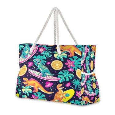 Imagem de Wassud Bolsa de praia de dinossauro, pranchas de surfe, bolsas de praia grandes para mulheres, impermeável, à prova de areia, bolsa de viagem com zíper e bolso para piscina, academia, acampamento